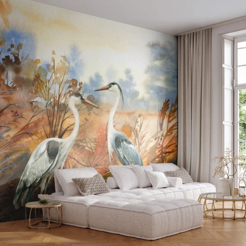 Fototapet Premium Canvas - Hvor skal vi hen om efteråret? - Kran, Fugle, Natur - 150x105 cm
