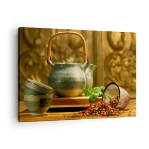 Lærredstryk - Billede på lærred - Keramisk kande med kopper og tørret te - 70x50cm - En afhandling om at drikke te - Moderne vægdekoration til stue og soveværelse ARTTOR
