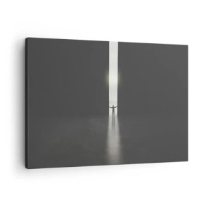 Lærredstryk - Billede på lærred - En mand stående i lyset af en smal sprække i et mørkt rum - 70x50cm - Et skridt mod en lys fremtid - Moderne vægdekoration til stue og soveværelse ARTTOR