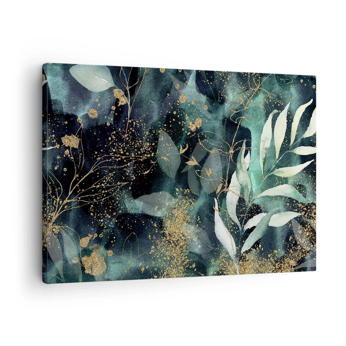 Lærredstryk - Billede på lærred - Elegante blade på en mørk baggrund med gulddetaljer - 70x50cm - Fortryllet have - Moderne vægdekoration til stue og soveværelse ARTTOR