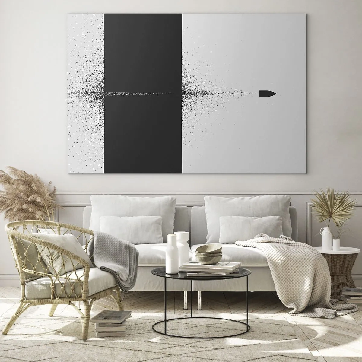 Billede på glas - En abstrakt komposition af sort og hvid med en dynamisk linje - 70x50cm - Lige til sagen - Moderne vægdekoration til stue og soveværelse ARTTOR