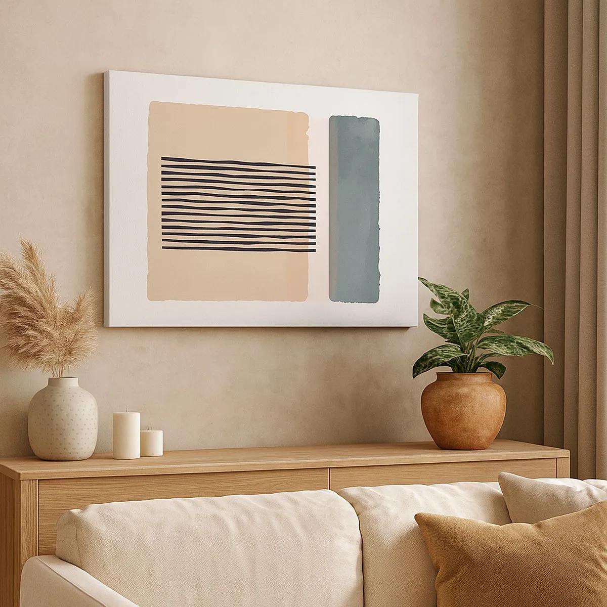 Lærredstryk - Billede på lærred - Minimalistiske geometriske former i beige og grønne nuancer - 70x50cm - Alt er i god stand - Moderne vægdekoration til stue og soveværelse ARTTOR