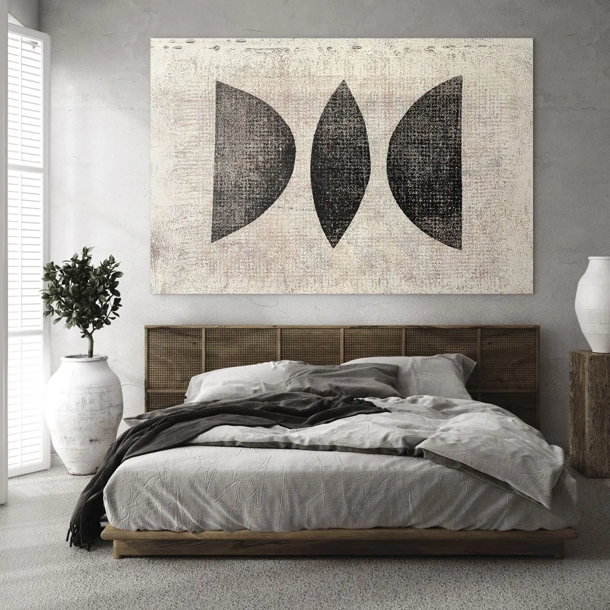 Billede på glas - Sorte geometriske former på en beige baggrund - 70x50cm - Etnisk abstraktion - Moderne vægdekoration til stue og soveværelse ARTTOR