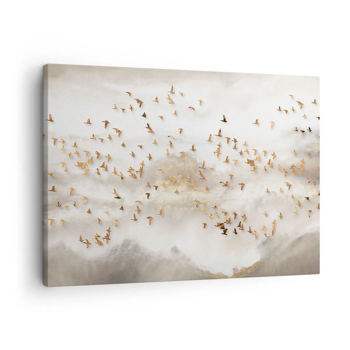 Lærredstryk - Billede på lærred - Gyldne fugle mod de tågede bjerge - 70x50cm - Det er på tide... - Moderne vægdekoration til stue og soveværelse ARTTOR