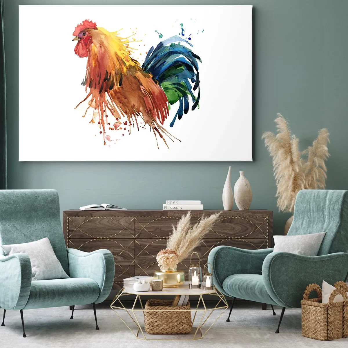 Lærredstryk - Billede på lærred - Farverig hane i akvarelstil - 70x50cm - Kongelig kappe, kongelig stolthed - Moderne vægdekoration til stue og soveværelse ARTTOR