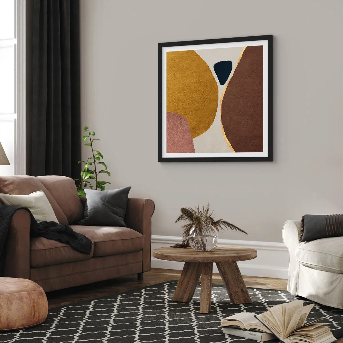 Plakat i sort ramme - Abstraktion - et sted i rummet - 50x50 cm