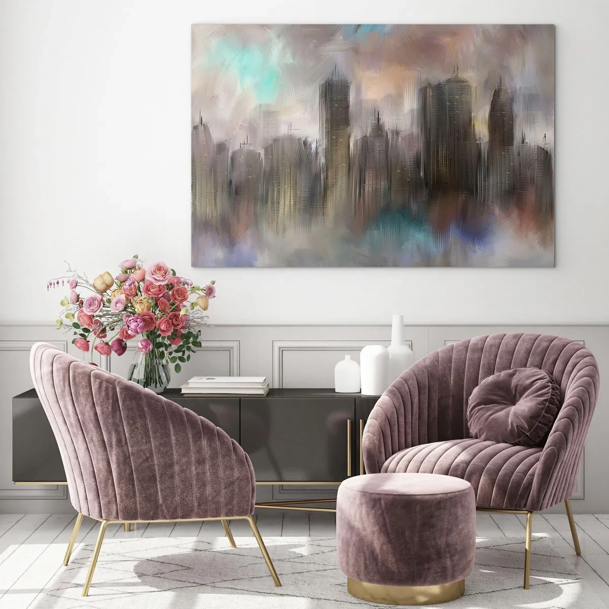 Billede på glas - En sammensætning af stål, sten og tåge - 100x70 cm