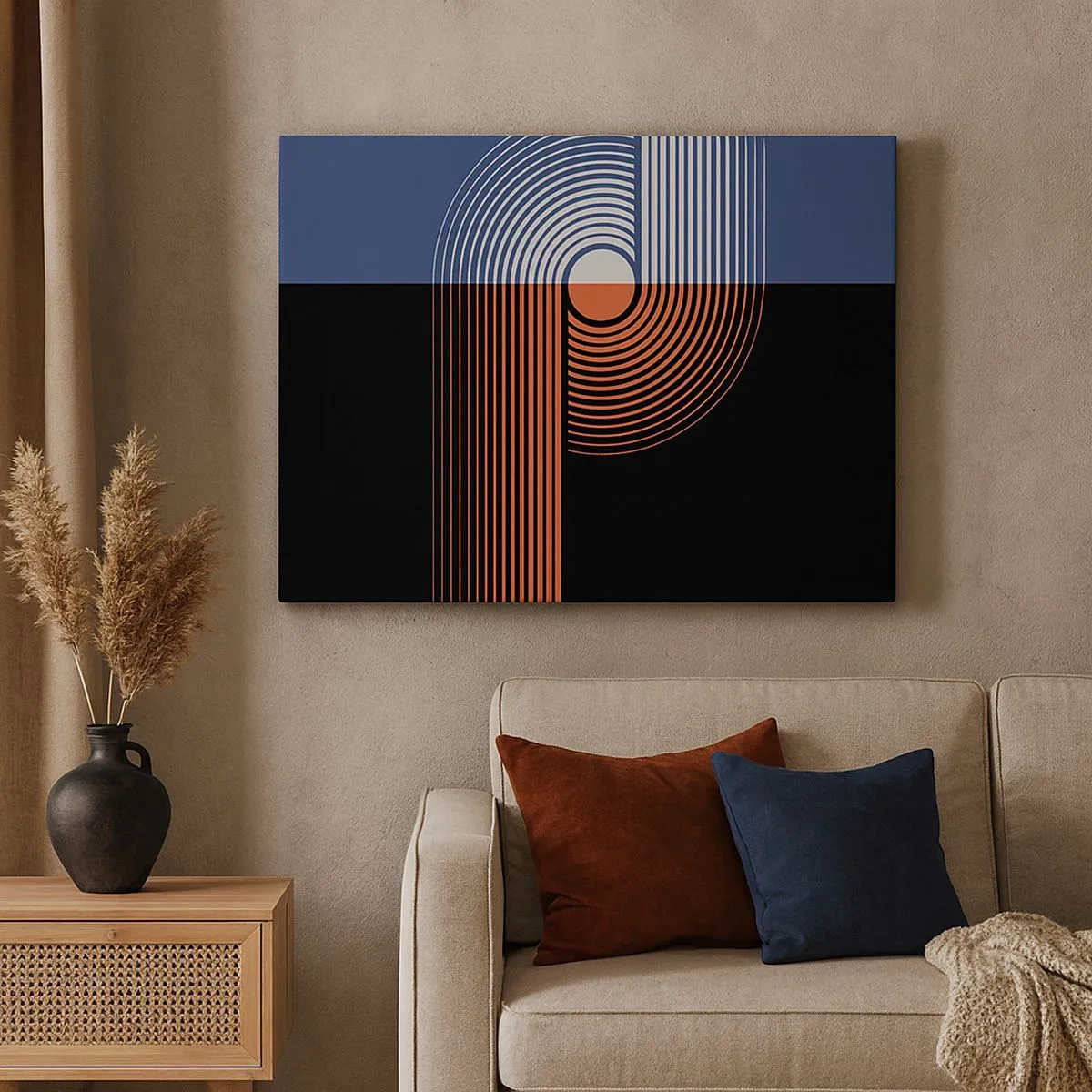 Lærredstryk - Billede på lærred - Geometrisk abstraktion med linjer i marineblå og orange. - 70x50cm - I en geometrisk omfavnelse - Moderne vægdekoration til stue og soveværelse ARTTOR