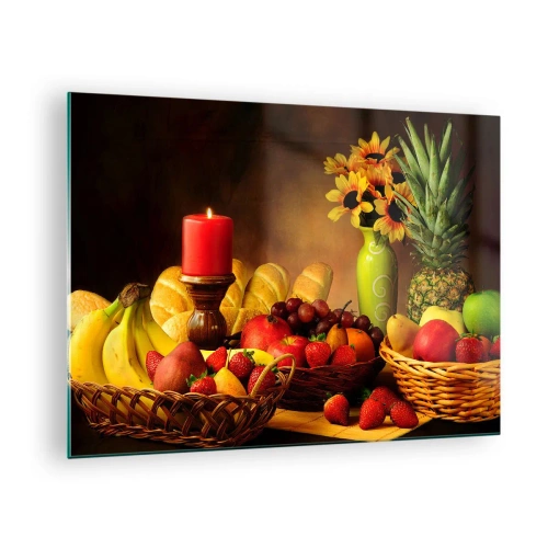 Billede på glas - En komposition af frugt, brød og et stearinlys i rustik stil - 70x50cm - Stilleben med brød og frugt - Moderne vægdekoration til stue og soveværelse ARTTOR