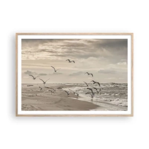 Plakat i ramme af lyst egetræ - Havet brummer, fuglene synger - 100x70 cm