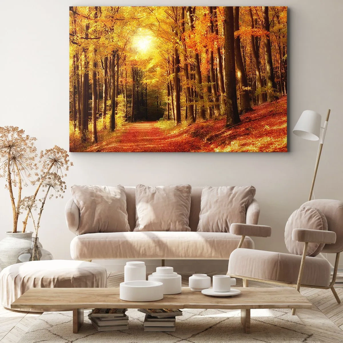 Lærredstryk - Billede på lærred - Efterårsskov med solstråler, der skinner gennem træerne - 70x50cm - Gyldent efterår på en skovvej - Moderne vægdekoration til stue og soveværelse ARTTOR