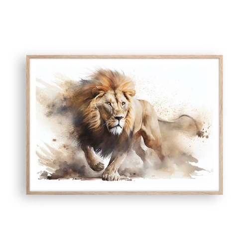 Plakat i ramme af lyst egetræ - Kongen er taget af sted - 100x70 cm