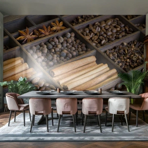 Fototapet Standard Eco - Krydderier og kaffe i trærum - 100x70cm - Et skatkammer af aromaer - Moderne vægdekoration til stue og soveværelse ARTTOR