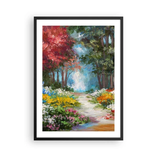 Plakat i sort ramme - En farverig skovhave fuld af blomster og træer - 50x70cm - Skovhave, blomsterskov - Moderne vægdekoration til stue og soveværelse ARTTOR