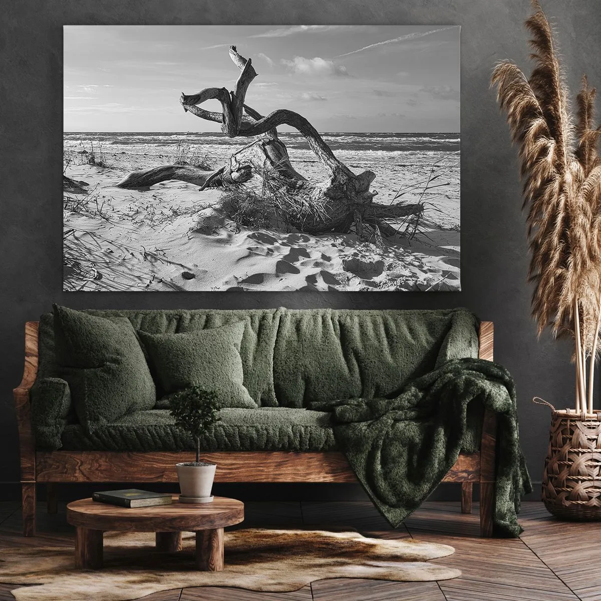 Lærredstryk - Billede på lærred - Sort-hvidt landskab med et dødt træ på stranden - 70x50cm - Havets skulptur - Moderne vægdekoration til stue og soveværelse ARTTOR