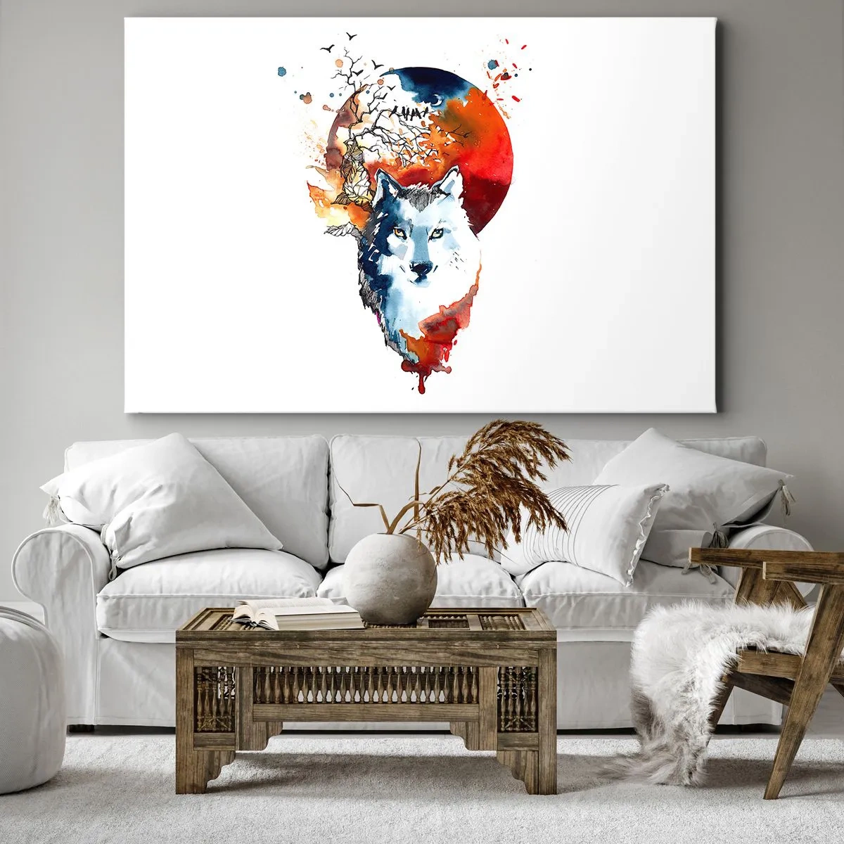 Lærredstryk - Billede på lærred - Abstrakt akvarelmaleri af en ulv mod en rød måne - 70x50cm - Næse til næse med natten - Moderne vægdekoration til stue og soveværelse ARTTOR