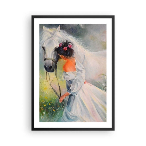 Plakat i sort ramme - En kvinde med en hvid hest i malerisk stil - 50x70cm - Som fra en smuk drøm - Moderne vægdekoration til stue og soveværelse ARTTOR