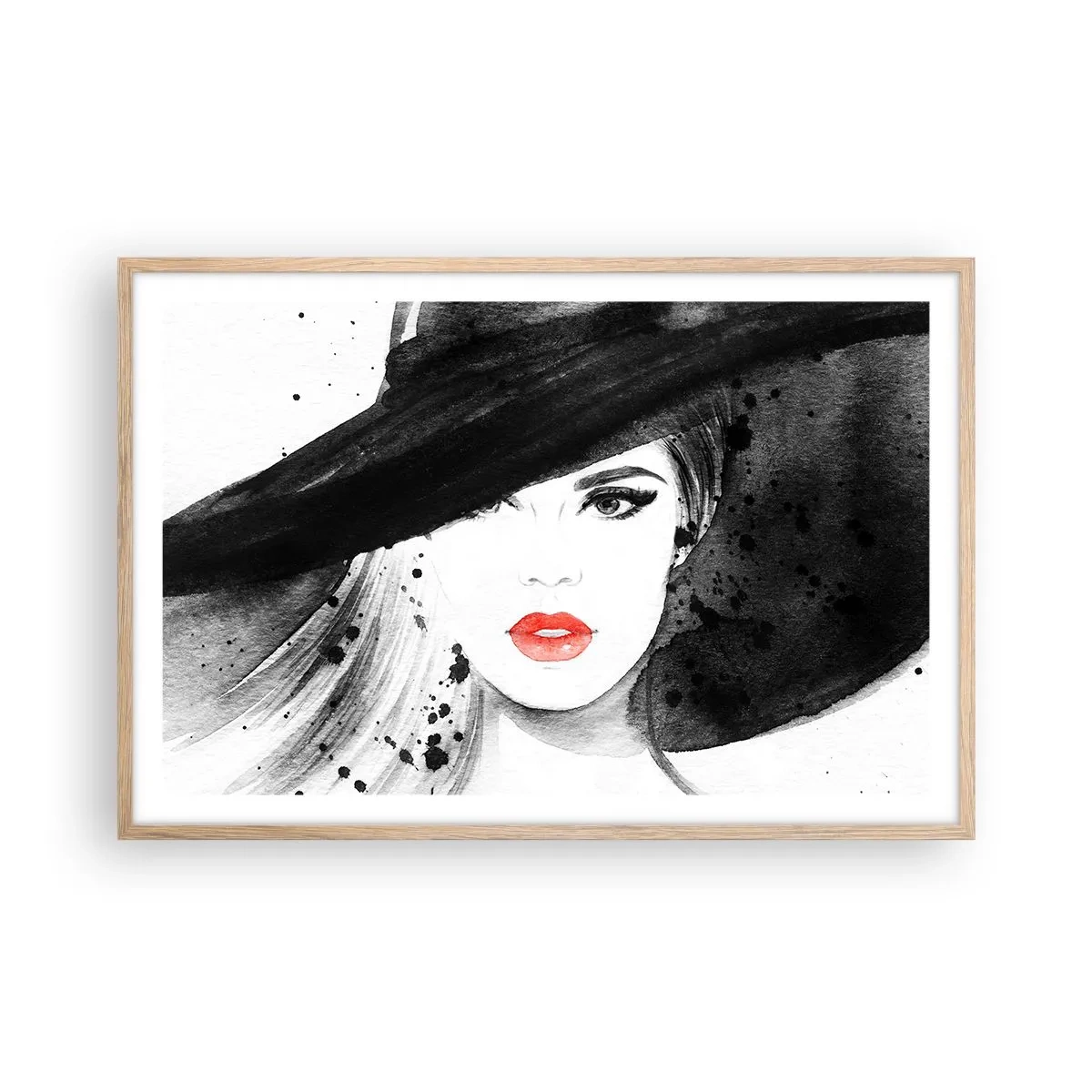 Plakat i ramme af lyst egetræ - Dame i sort - 91x61 cm