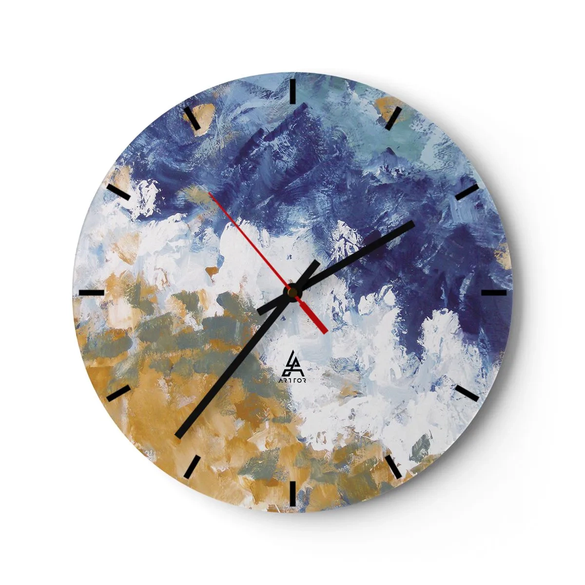 Vægur, Uret - Udtryksfuld abstraktion i nuancer af blå, hvid og okker - 30x30cm - Elementernes dans - Moderne vægdekoration til stue, køkken og soveværelse ARTTOR