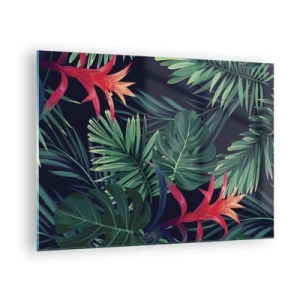 Billede på glas - Eksotiske blade og blomster på en mørk baggrund - 70x50cm - Brænd i grønt - Moderne vægdekoration til stue og soveværelse ARTTOR