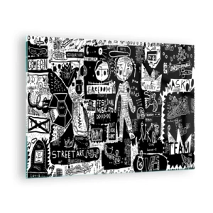 Billede på glas - Sort-hvid street art-grafik i stil med figurer og symboler - 70x50cm - Den åndelige ungdom med lov og glæde - Moderne vægdekoration til stue og soveværelse ARTTOR