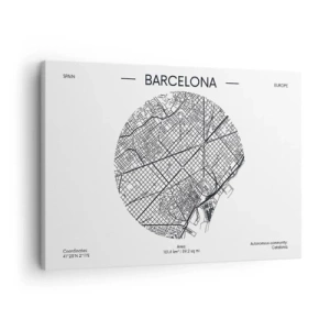 Lærredstryk - Billede på lærred - Et kort over Barcelona i minimalistisk sort-hvid stil - 70x50cm - Barcelonas anatomi - Moderne vægdekoration til stue og soveværelse ARTTOR