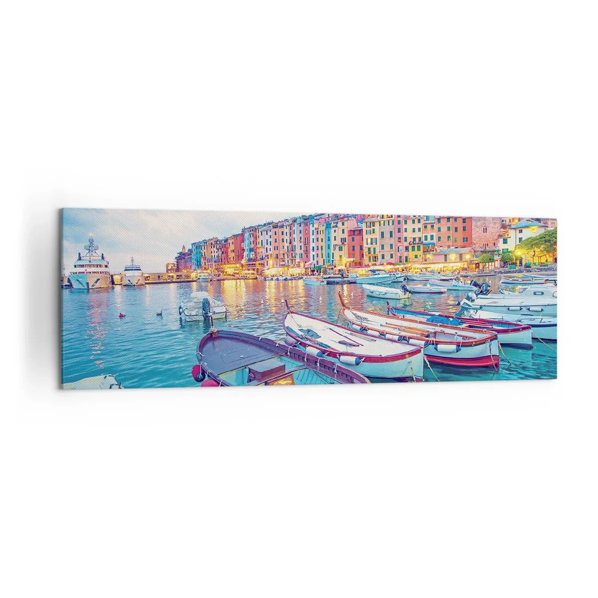 Lærredstryk - Billede på lærred - En farverig aften i havnen - 160x50 cm