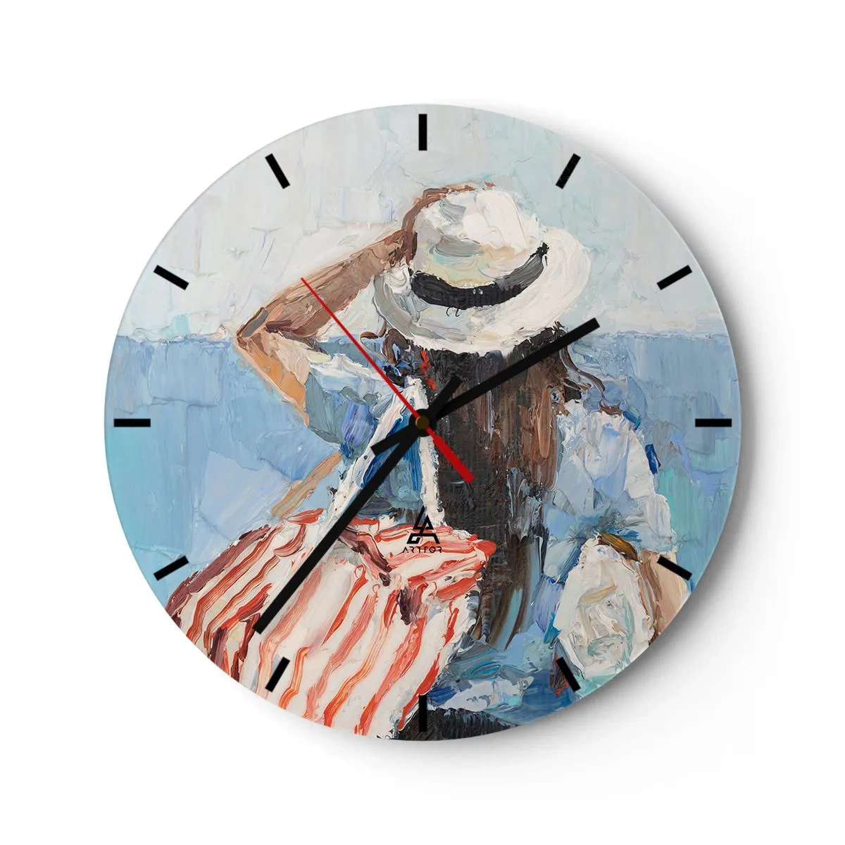 Vægur, Uret - Et sommermaleri af en kvinde med hat mod havet - 30x30cm - Velkommen på ferie - Moderne vægdekoration til stue, køkken og soveværelse ARTTOR