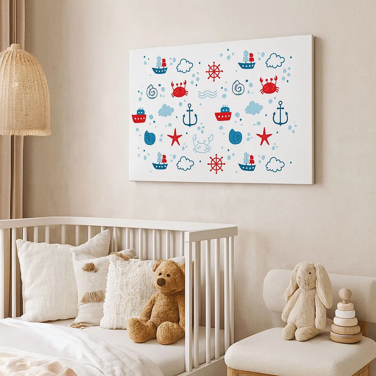 Lærredstryk - Billede på lærred - Nautisk mønster med ankre, skibe og krabber - 70x50cm - En fortælling om havet - Moderne vægdekoration til stue og soveværelse ARTTOR