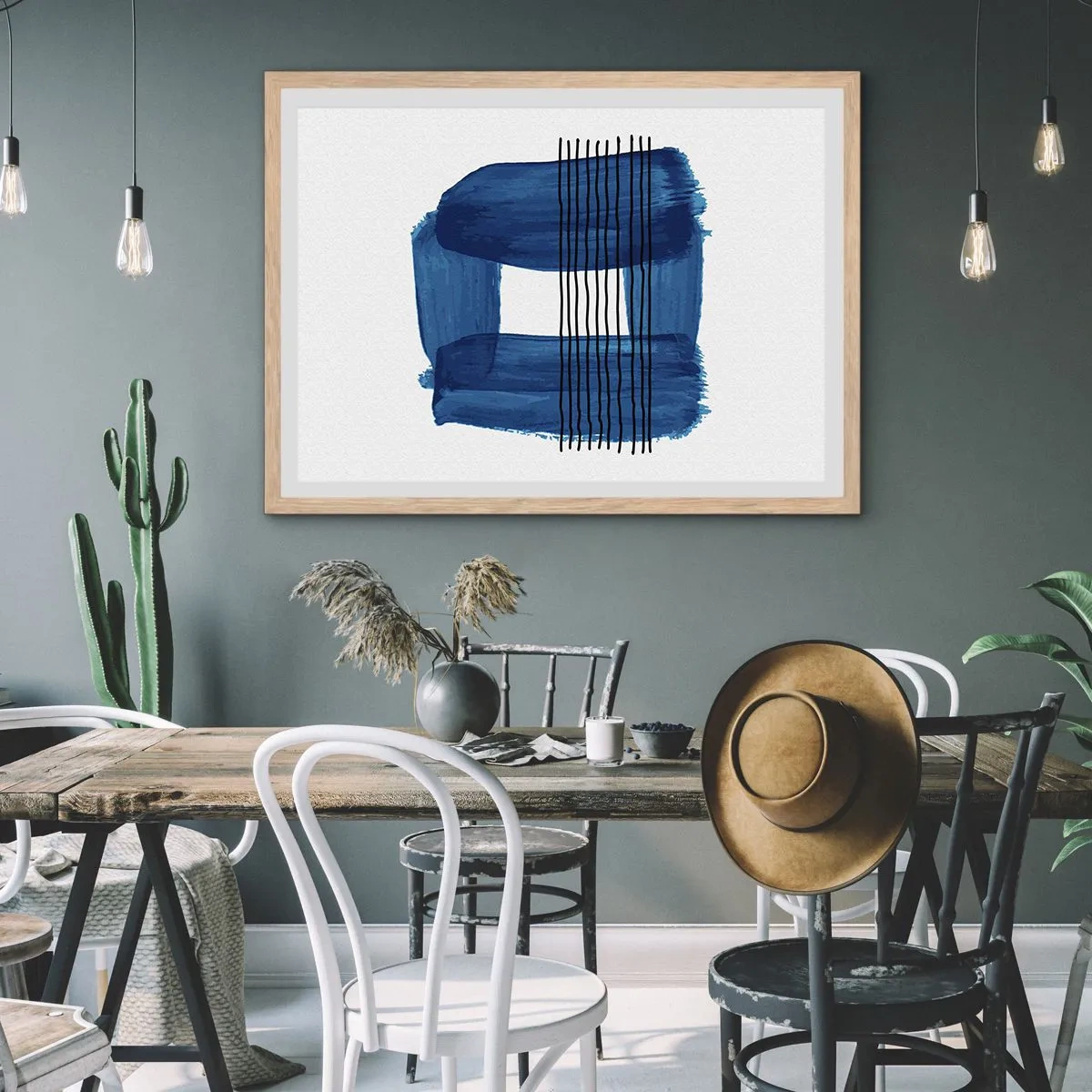 Plakat i ramme af lyst egetræ - Blå-sort sammensætning - 91x61 cm