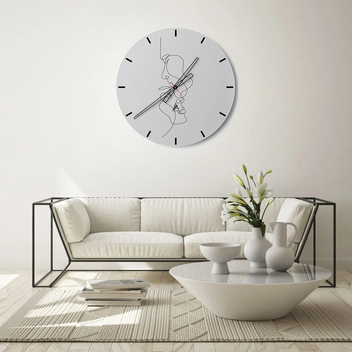 Vægur, Uret - Minimalistiske ansigtskonturer i sorte linjer på en hvid baggrund - 30x30cm - Gløderne af glubende begær - Moderne vægdekoration til stue, køkken og soveværelse ARTTOR