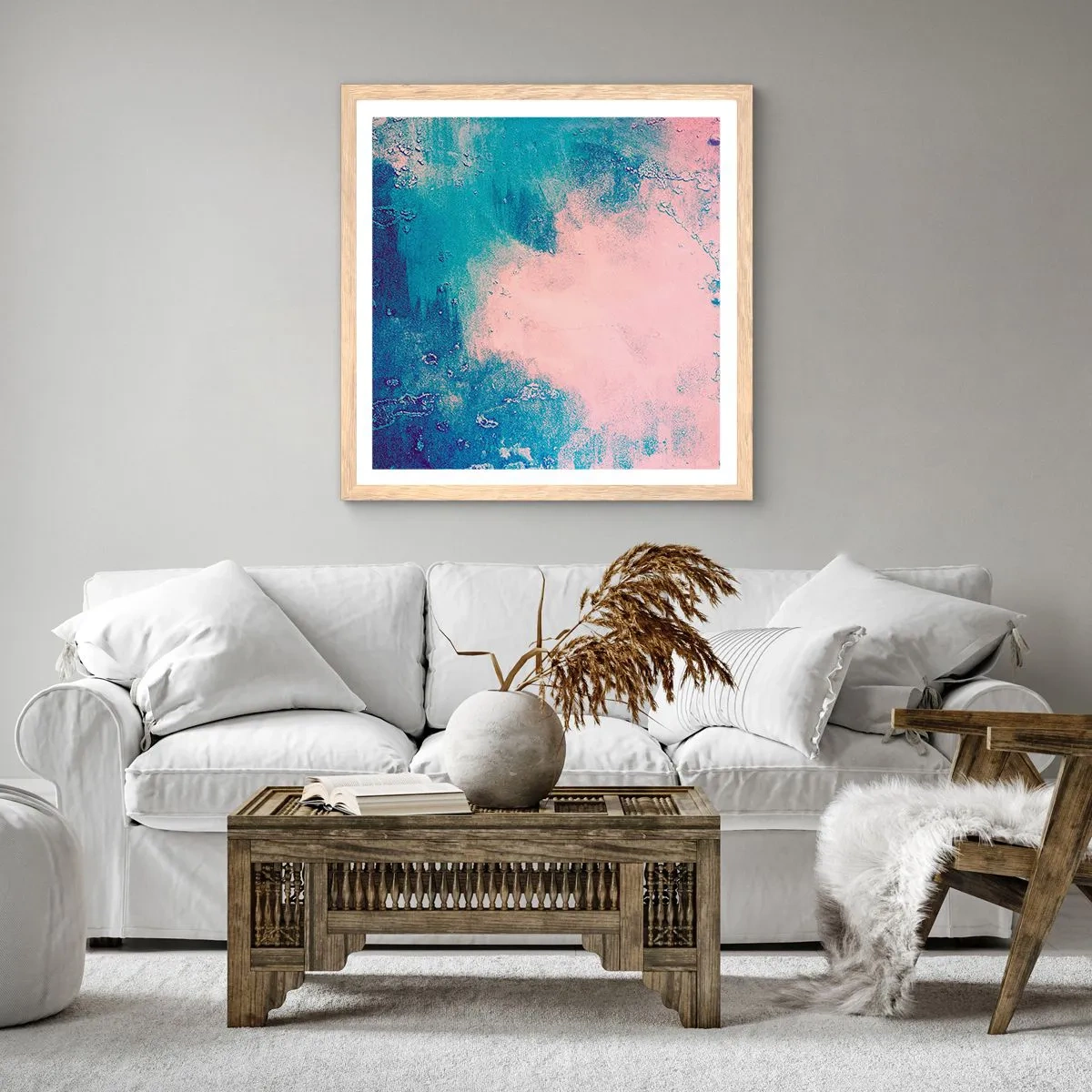 Plakat i ramme af lyst egetræ - Blå omfavnelse - 50x50 cm