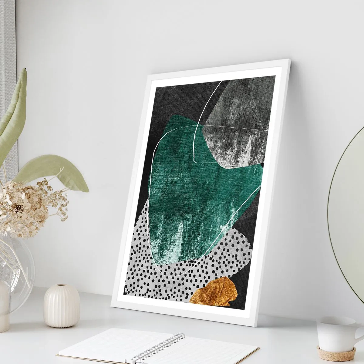 Plakat i hvid ramme - Farverig abstraktion med en guldflager - 40x50 cm