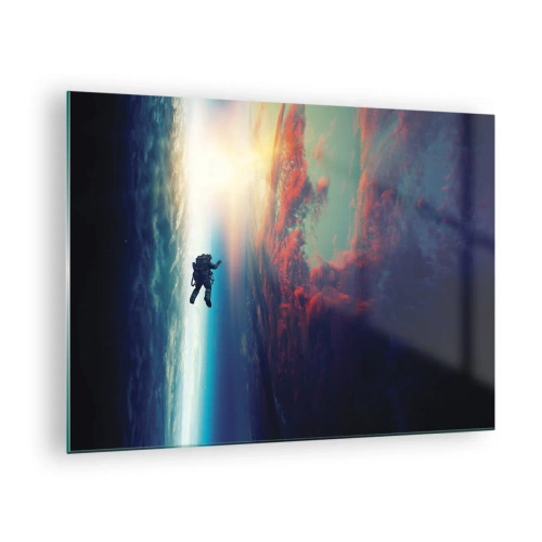 Billede på glas - En astronaut, der driver gennem rummet mod lyset - 70x50cm - Over for universet - Moderne vægdekoration til stue og soveværelse ARTTOR