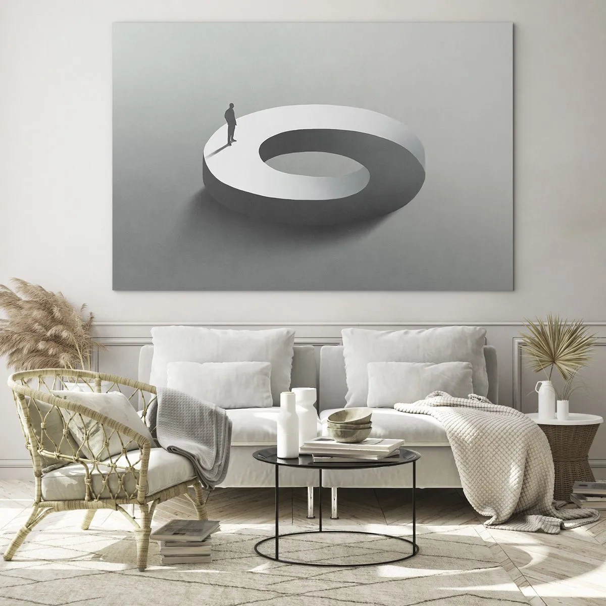 Billede på glas - En minimalistisk silhuet af en mand på en hvid ring - 70x50cm - Og vær klog - Moderne vægdekoration til stue og soveværelse ARTTOR