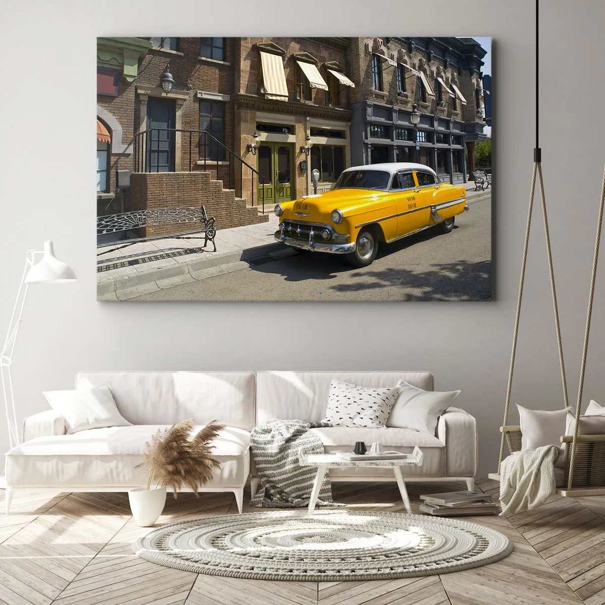 Lærredstryk - Billede på lærred - En gul taxa på en gade omkranset af lejlighedshuse - 70x50cm - Der var engang i Amerika - Moderne vægdekoration til stue og soveværelse ARTTOR