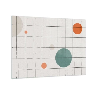 Billede på glas - Farverige cirkler på et geometrisk gitter af tynde linjer - 70x50cm - Fanget i en fælde. Os eller dem? - Moderne vægdekoration til stue og soveværelse ARTTOR