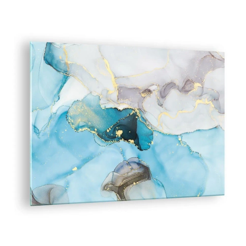Billede på glas - Turkis og grå bølger med gulddetaljer - 70x50cm - En undersøgelse af mødet mellem grå og turkis - Moderne vægdekoration til stue og soveværelse ARTTOR