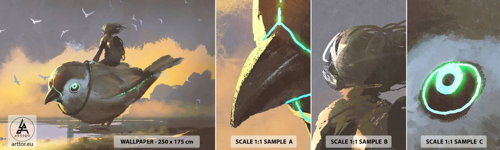 Prøve Fototapet Selvklæbende Deluxe Sticker - Et stop på en fantastisk rejse - Abstraktion, Fugl, Fantasi - 100x30 cm