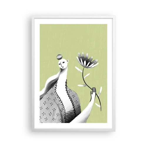 Plakat i hvid ramme - Modernistisk portræt - holder en blomst - 50x70 cm