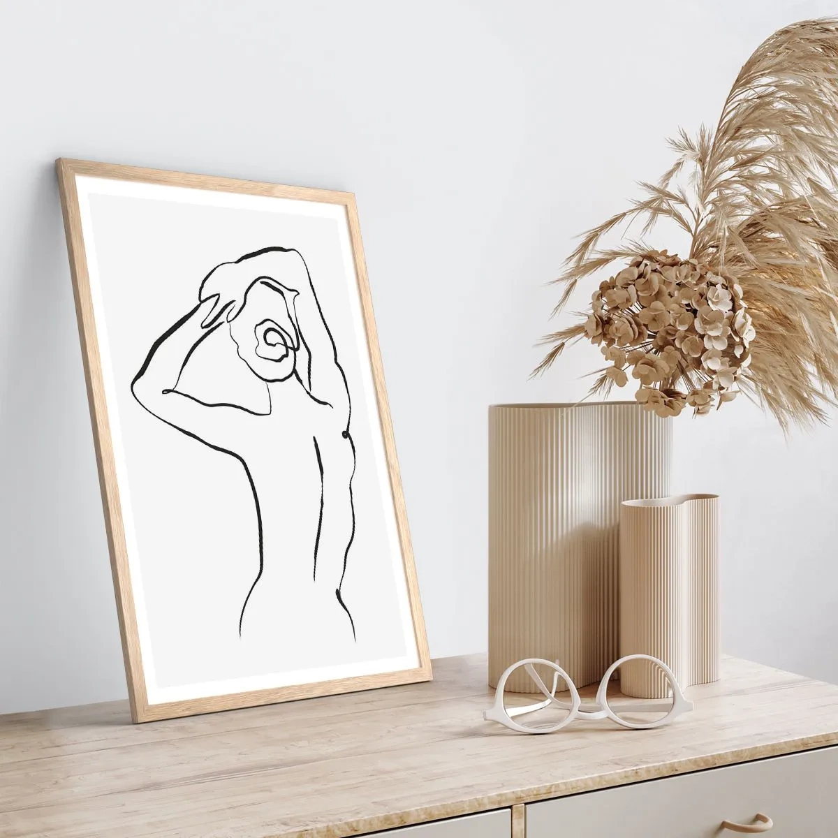 Plakat i ramme af lyst egetræ - Handling om morgenen - 61x91 cm