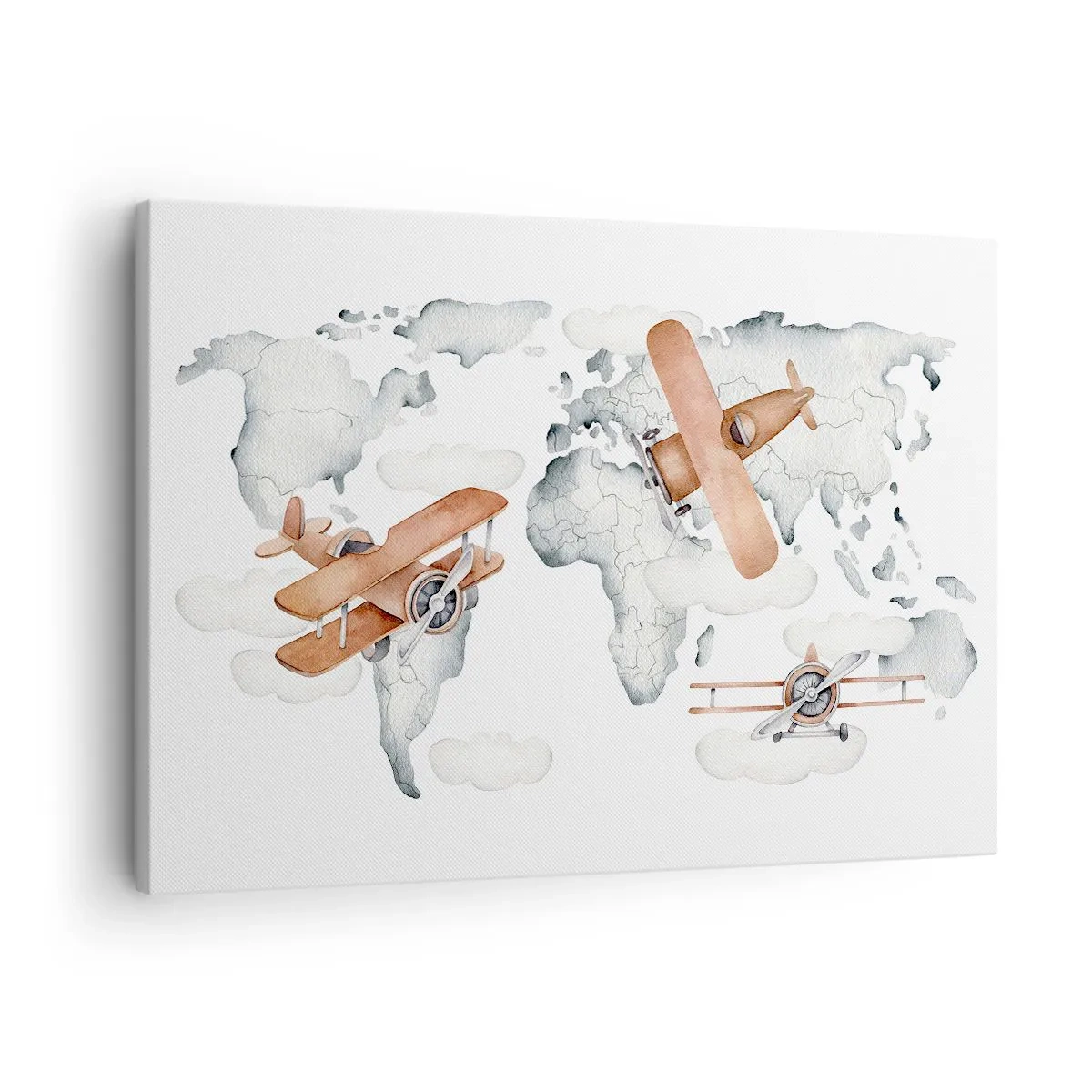 Lærredstryk - Billede på lærred - Illustration af et verdenskort med flyvemaskiner - 70x50cm - I den banebrydende ånd - Moderne vægdekoration til stue og soveværelse ARTTOR