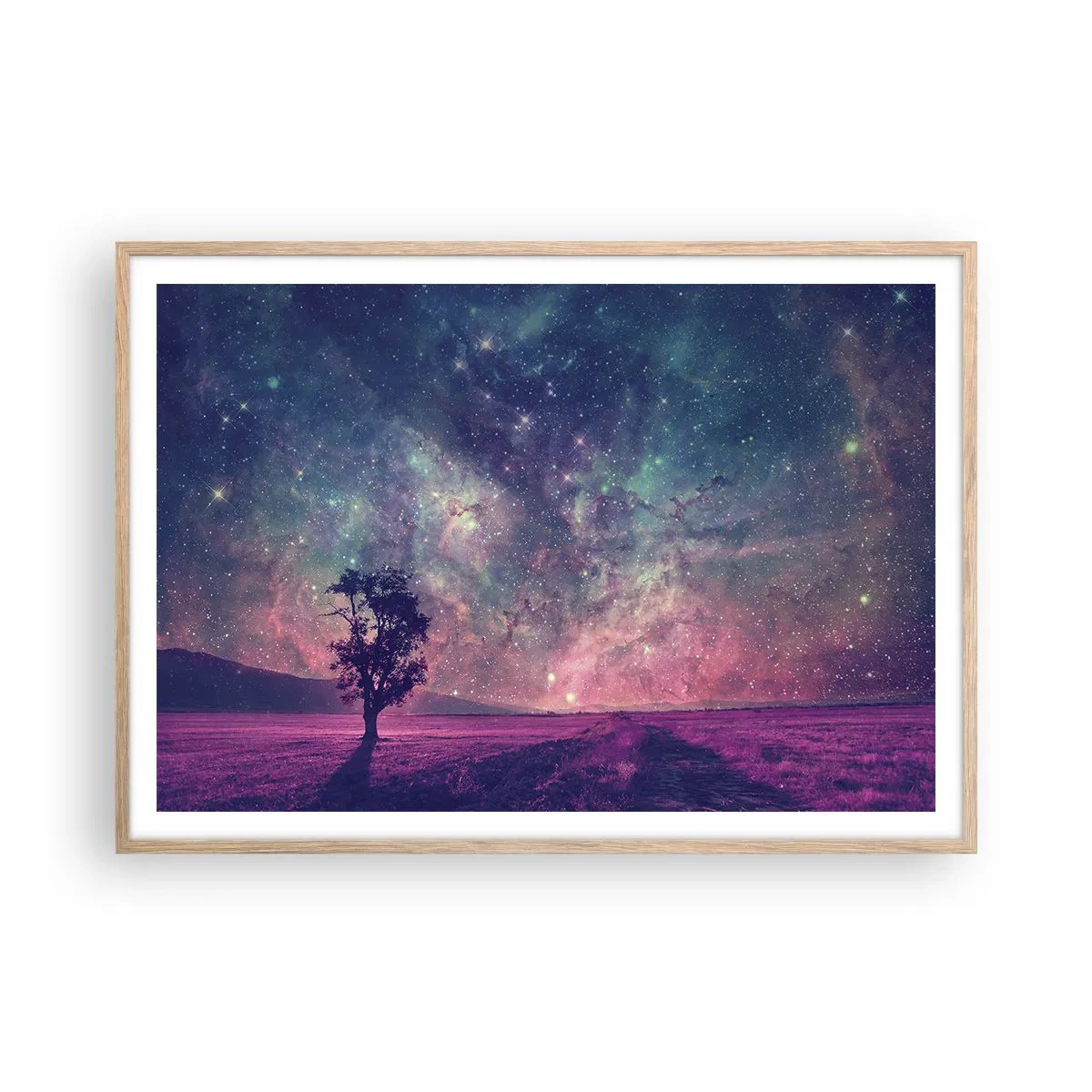 Plakat i ramme af lyst egetræ - Under en magisk himmel - 100x70 cm