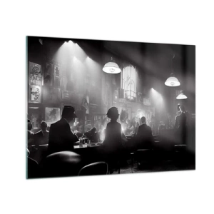 Billede på glas - Sort og hvid jazzscene i et klubinteriør - 70x50cm - I en jazzet stemning - Moderne vægdekoration til stue og soveværelse ARTTOR