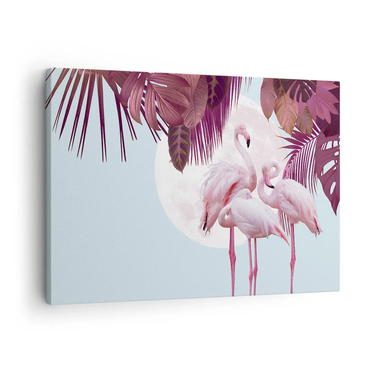 Lærredstryk - Billede på lærred - Lyserøde flamingoer mod månen og tropiske blade som baggrund - 70x50cm - Tre fugles ynde - Moderne vægdekoration til stue og soveværelse ARTTOR