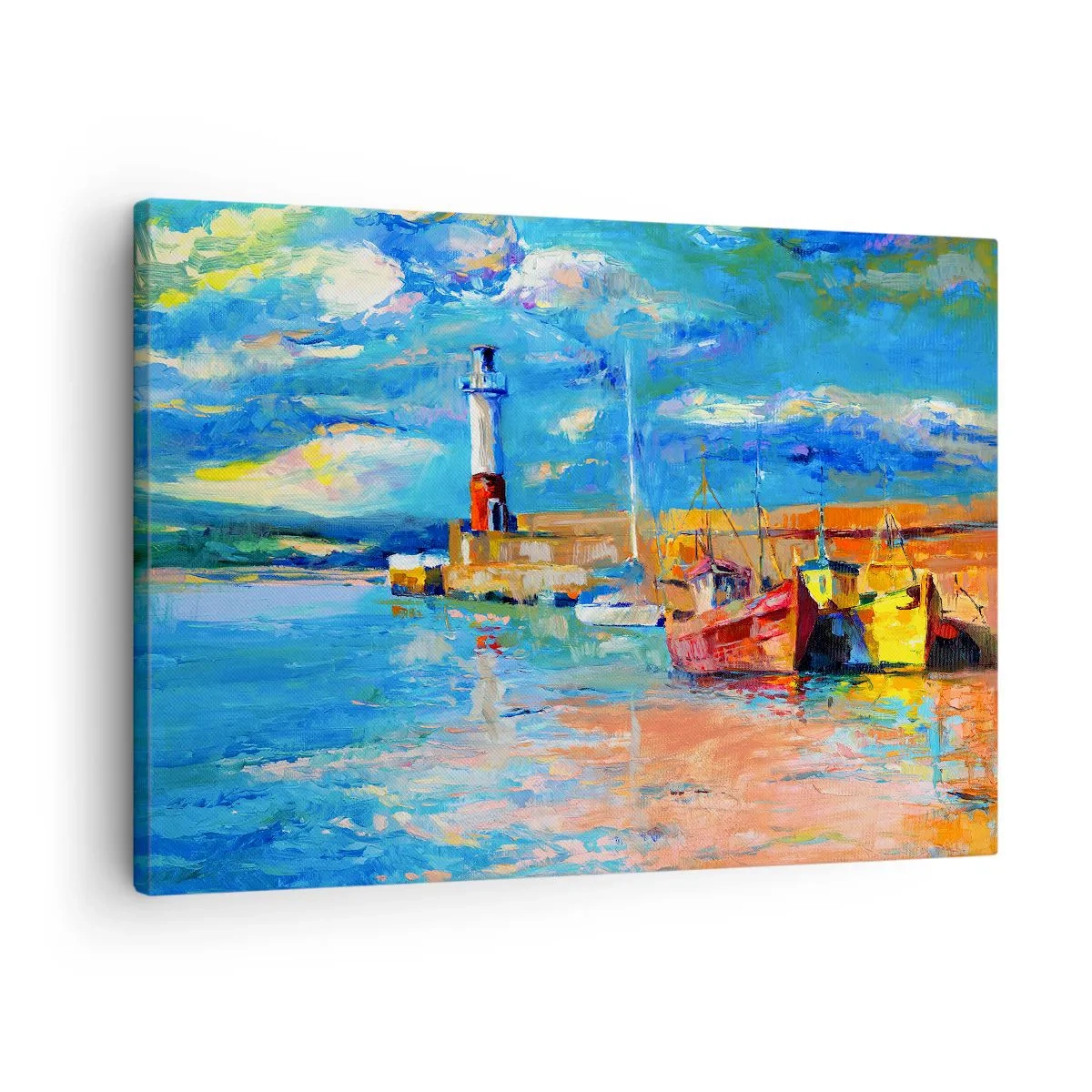 Lærredstryk - Billede på lærred - Fiskerihavn med både og et fyrtårn i klare farver - 70x50cm - Eftermiddag i regnbuebugten - Moderne vægdekoration til stue og soveværelse ARTTOR