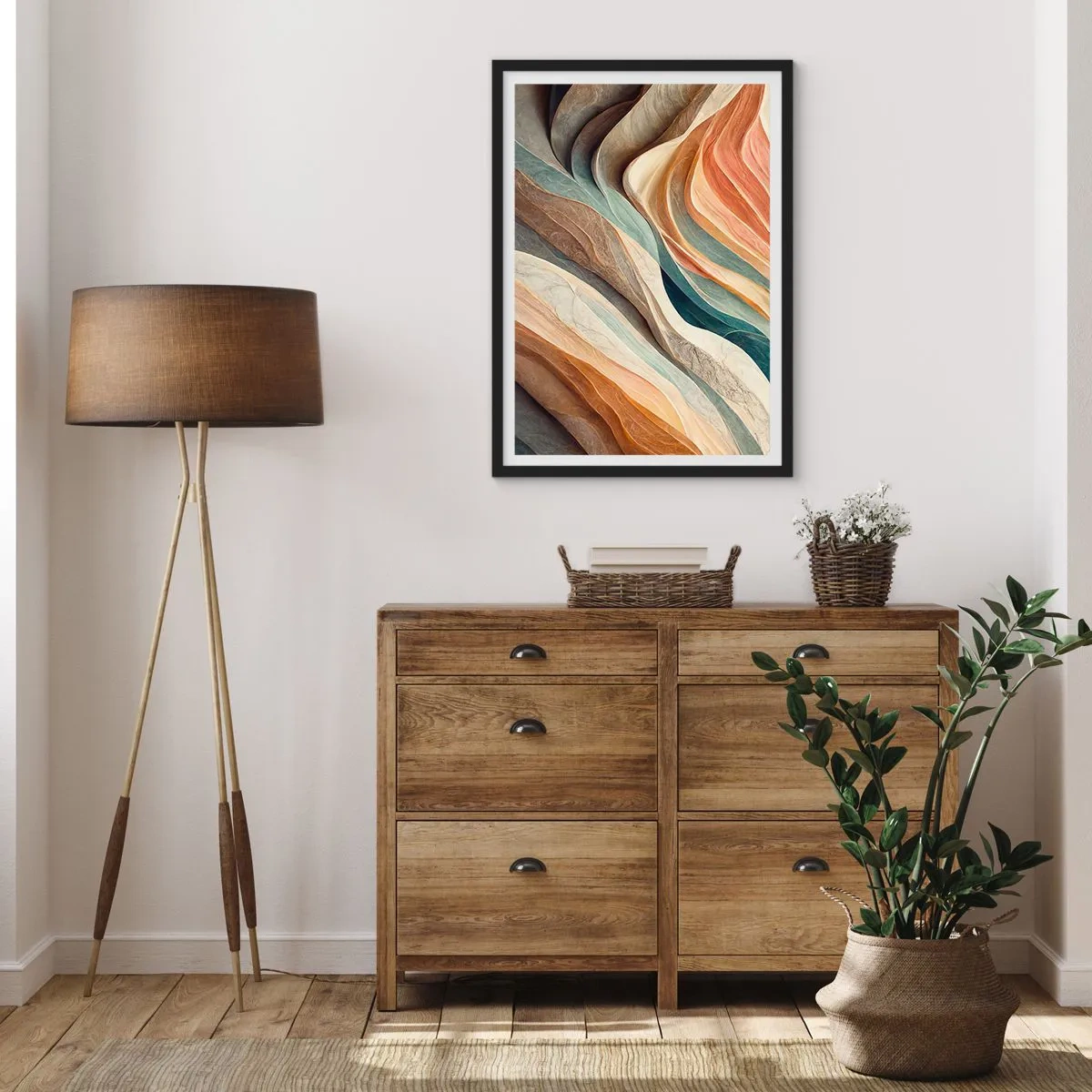 Plakat i sort ramme - Organiske bølger i varme, naturlige nuancer - 50x70cm - Øjeblikke før forandring - Moderne vægdekoration til stue og soveværelse ARTTOR