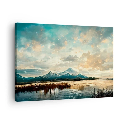 Lærredstryk - Billede på lærred - Et malerisk landskab med et bjerg og en rolig sø - 70x50cm - Under himlens beskyttelse - Moderne vægdekoration til stue og soveværelse ARTTOR