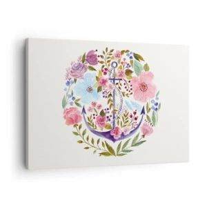 Lærredstryk - Billede på lærred - Et anker omgivet af akvarelblomster på en lys baggrund - 70x50cm - En sømands gode nattesøvn - Moderne vægdekoration til stue og soveværelse ARTTOR
