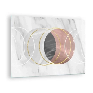Billede på glas - Geometriske cirkler i nuancer af kobber, guld og marmor - 70x50cm - Sfærernes musik - Moderne vægdekoration til stue og soveværelse ARTTOR